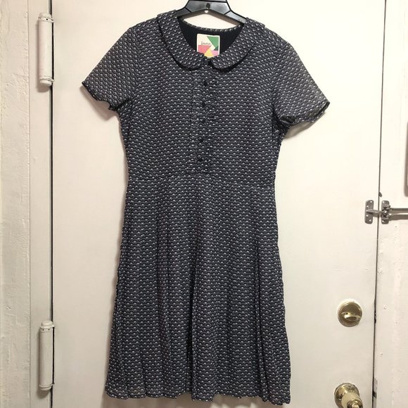 Navy Blue Dress with Light Blue Fan Pattern - Forever - Size L - Picture 1 of 8